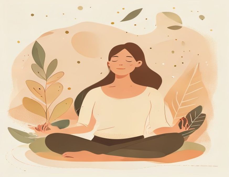 Ilustración de una persona en calma meditando, rodeada de plantas, representando la recuperación del bienestar ante el estrés